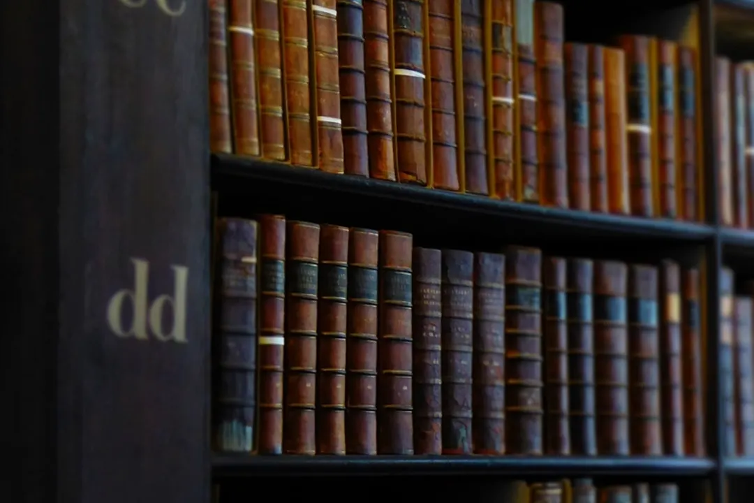 Library shelf with bound volumes lined up