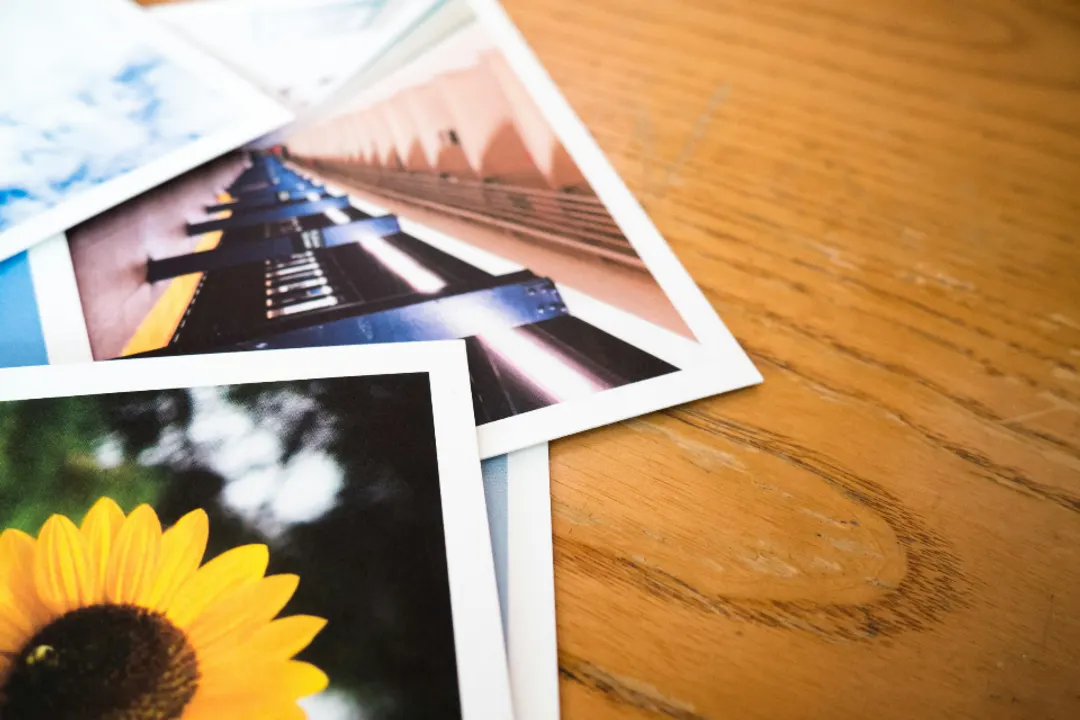 Photo prints resting on a wooden table, a sunflower shot on top