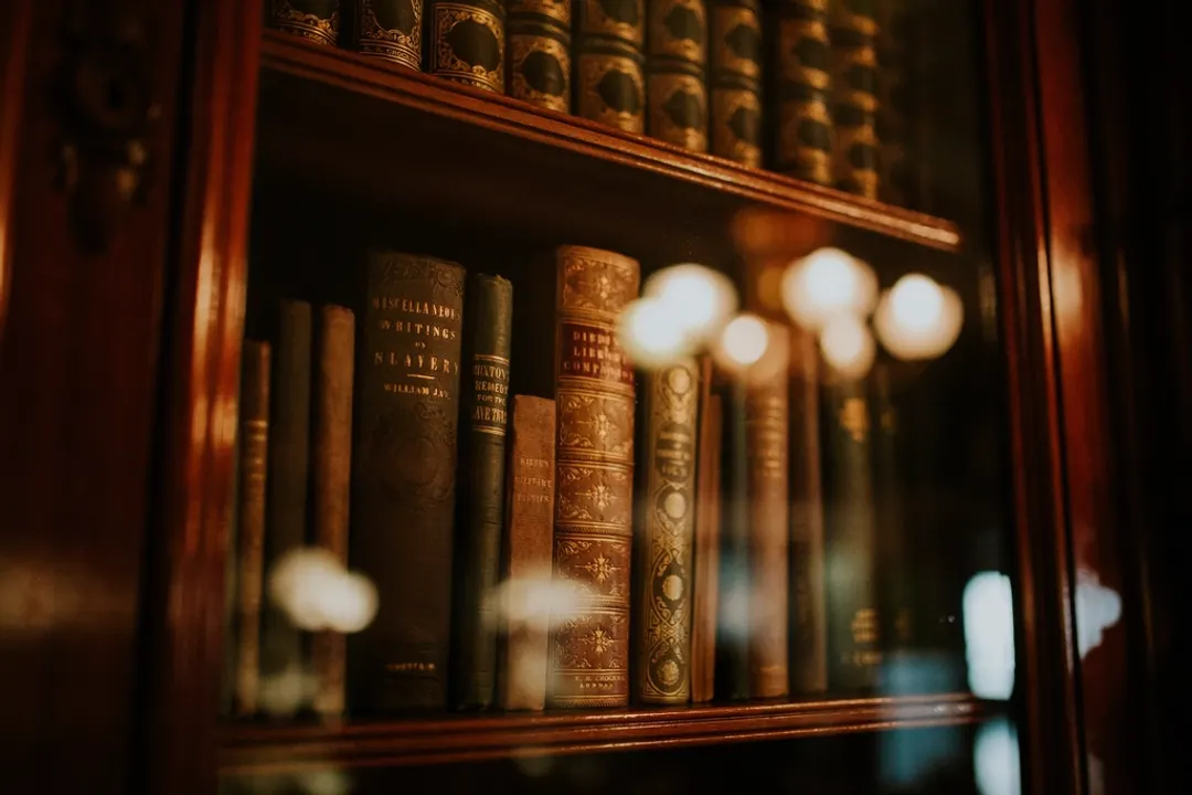 Wooden bookcase with bound volumes in burgundy and dark blue tones