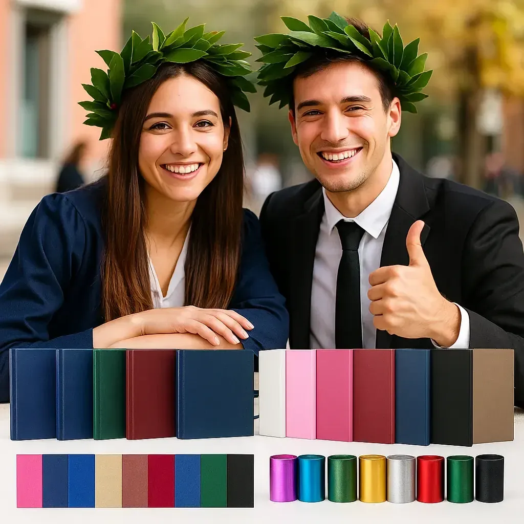 Due neolaureati con corona d'alloro accanto a copertine rigide colorate per tesi di laurea e rotoli di foil per la stampa delle copertine, da GUUG a Roma