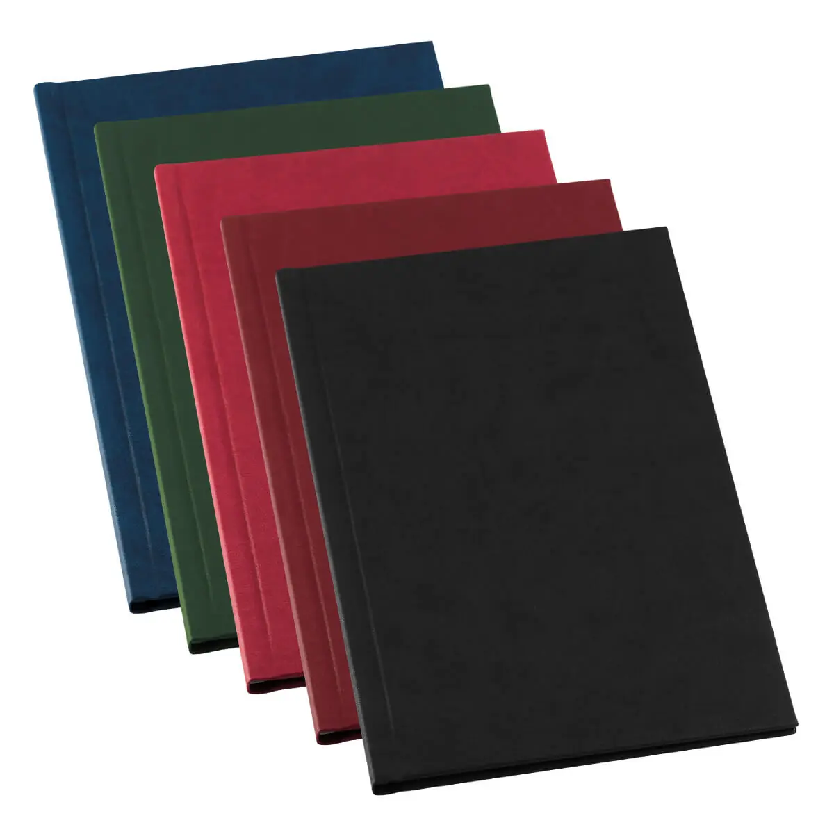Cinque copertine rigide per tesi di laurea nei colori blu notte, verde, rosso, bordeaux e nero, stampate da GUUG a Roma