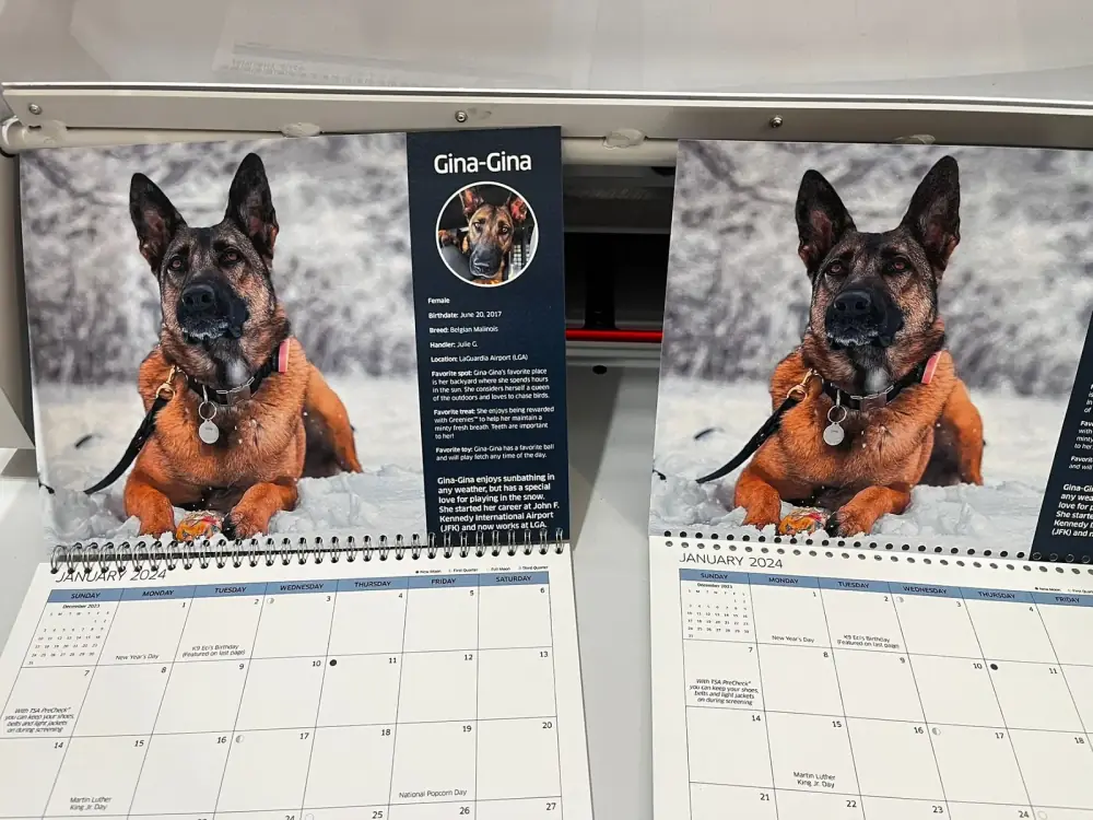 Calendari personalizzati rilegati a spirale metallica da GUUG per la TSA americana, serie K9 Officer Gina-Gina, stampa fotografica e legatura professionale