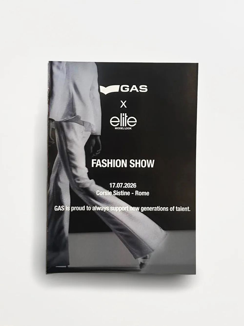 GAS × Elite Model Look folded brochure, closed: black «Fashion Show» cover with a black-and-white fashion photo, printed by GUUG in Rome