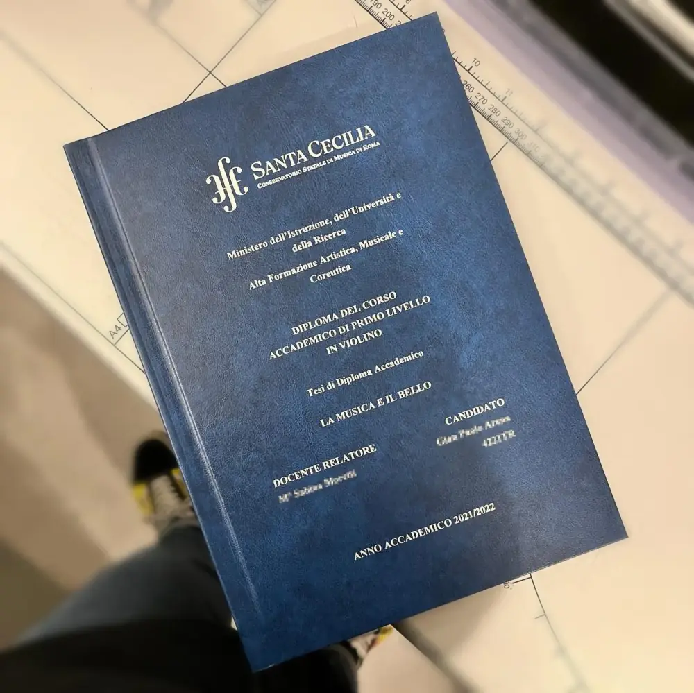Tesi Conservatorio Santa Cecilia di Roma rilegata da GUUG: copertina blu con stampa argento, Diploma Accademico in Violino